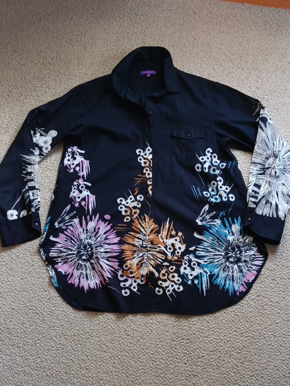 Woman's Black With Floral Design Oversized Coverup - Size M